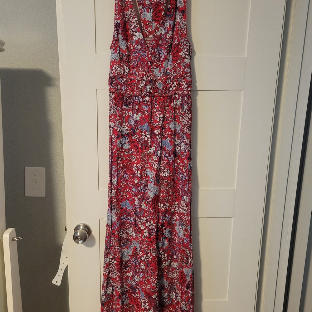 Japna Red Floral Maxi Dress with Blue and White Accents